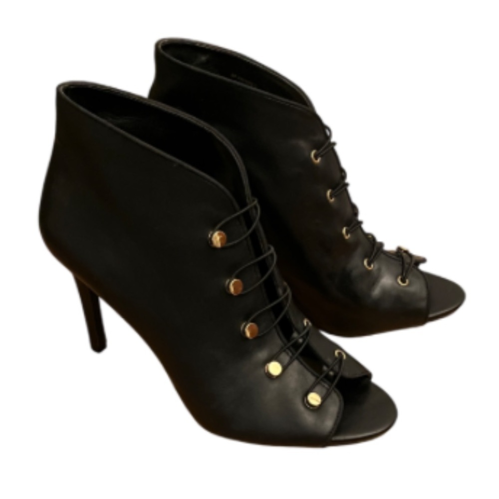 Enzo‎ Angiolini Franses Black Heeled Leather Boots with Gold Accents- 8